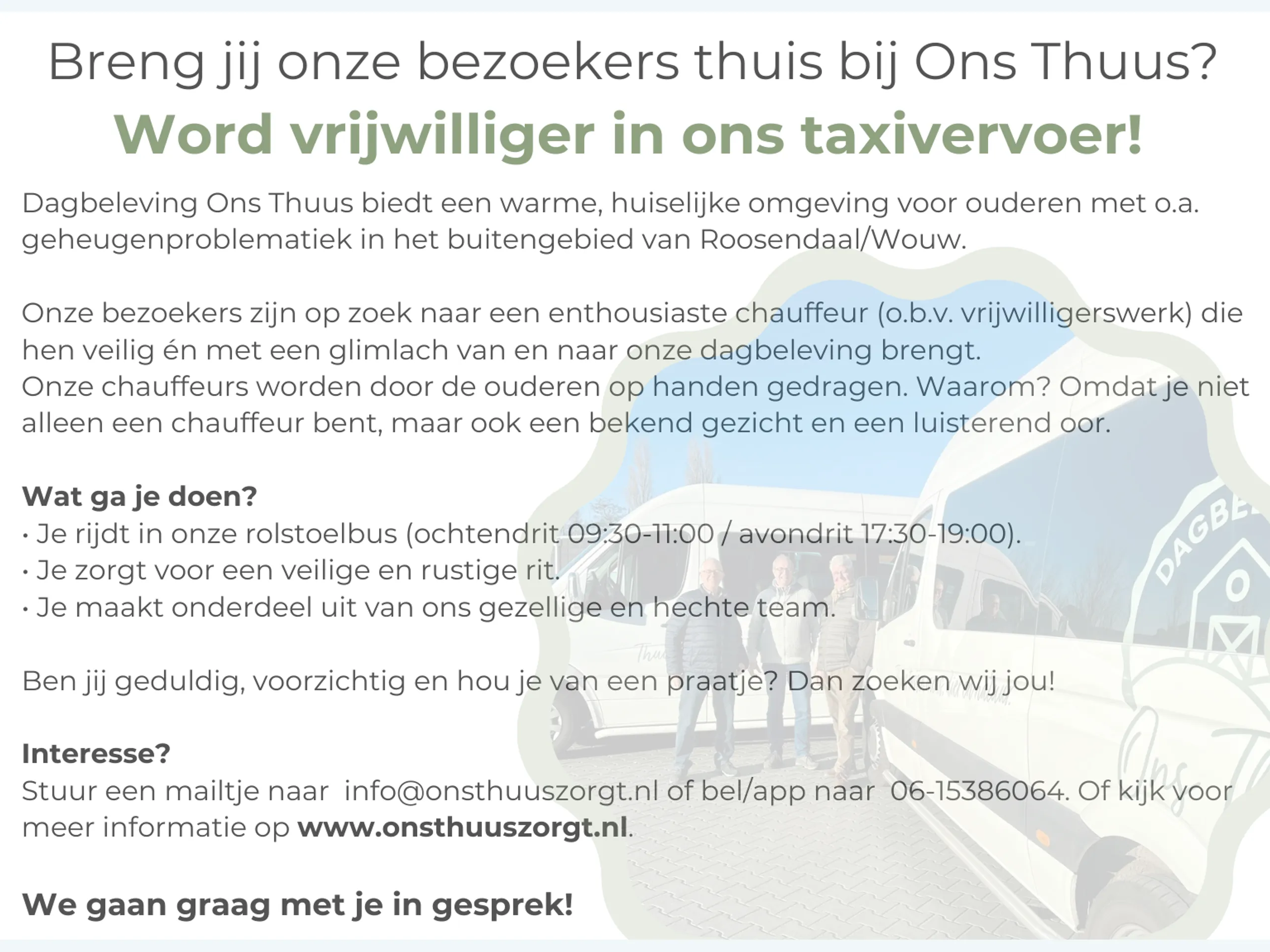 Afbeelding voor hulpvraag: VRIJWILLIGERS GEZOCHT VOOR TAXIVERVOER!